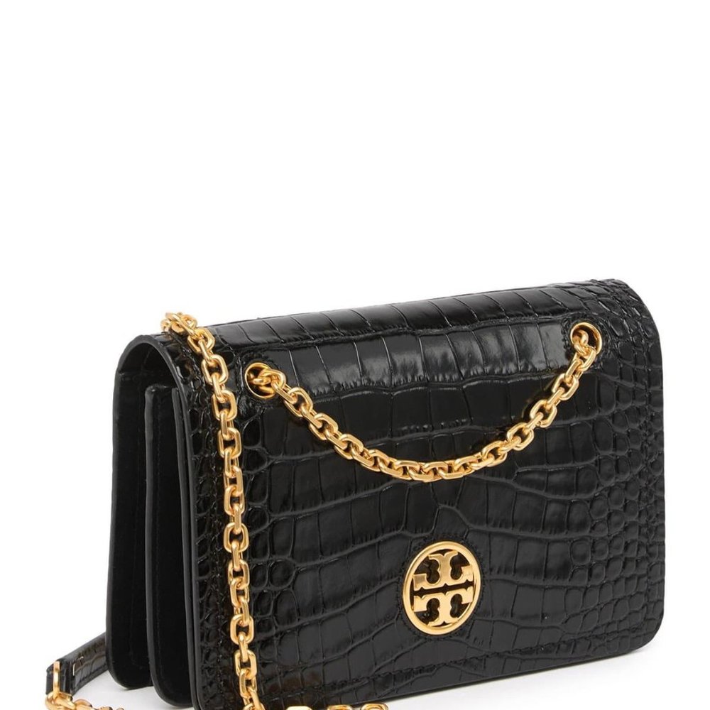 NWT Tory Burch Black Carson Croc Embossed Convertible Bag - Black